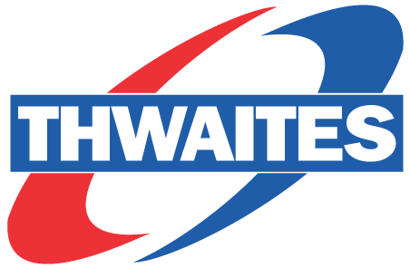 A blue and red logo for thwaites with a white background