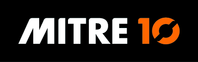 The mitre 10 logo is white and orange on a black background