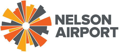 The nelson airport logo is a colorful circle with rays coming out of it.
