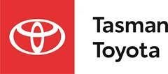 The tasman toyota logo is on a red background.
