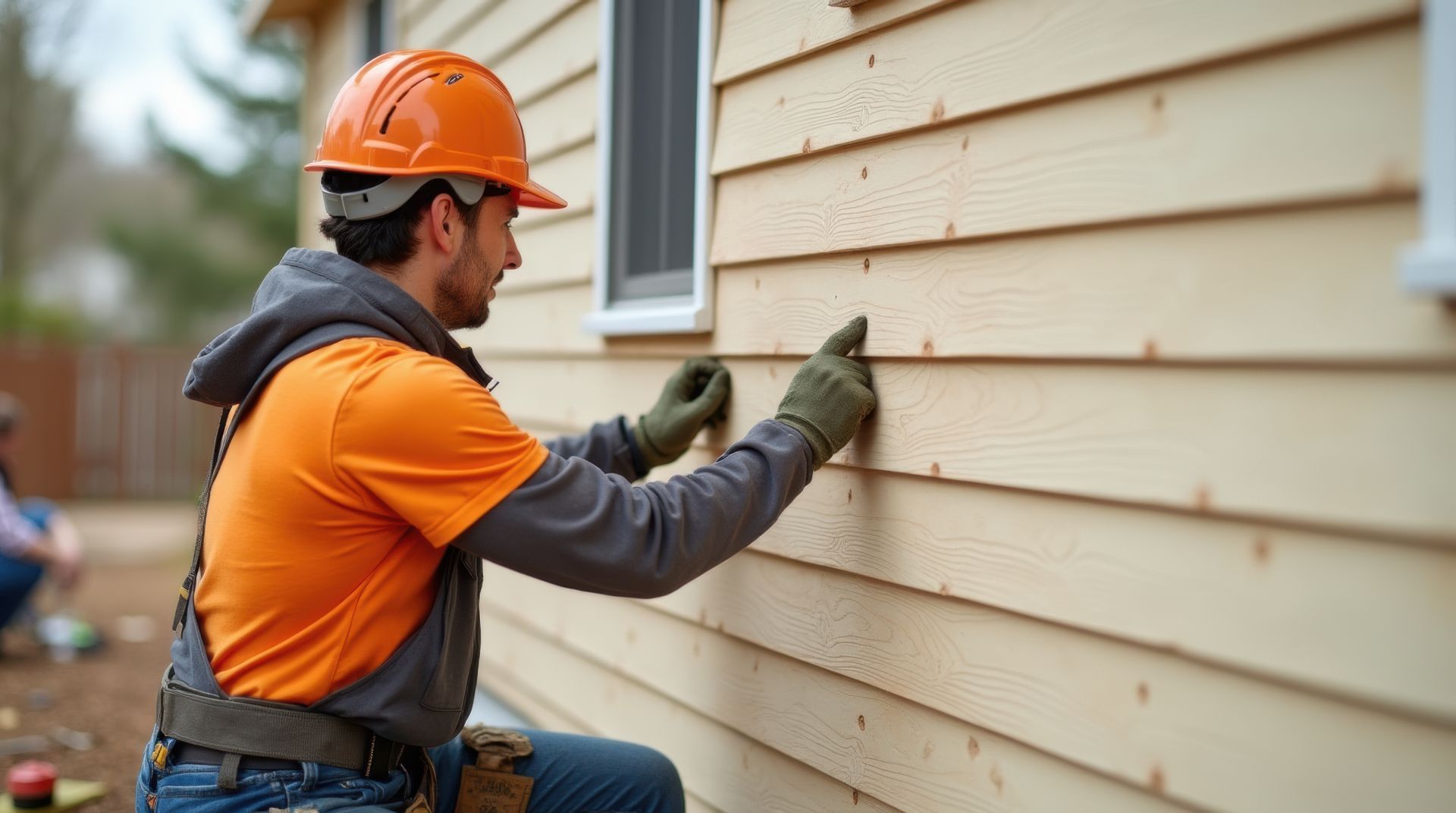 Construction worker installs siding on a house, wearing an orange hard hat and gloves.