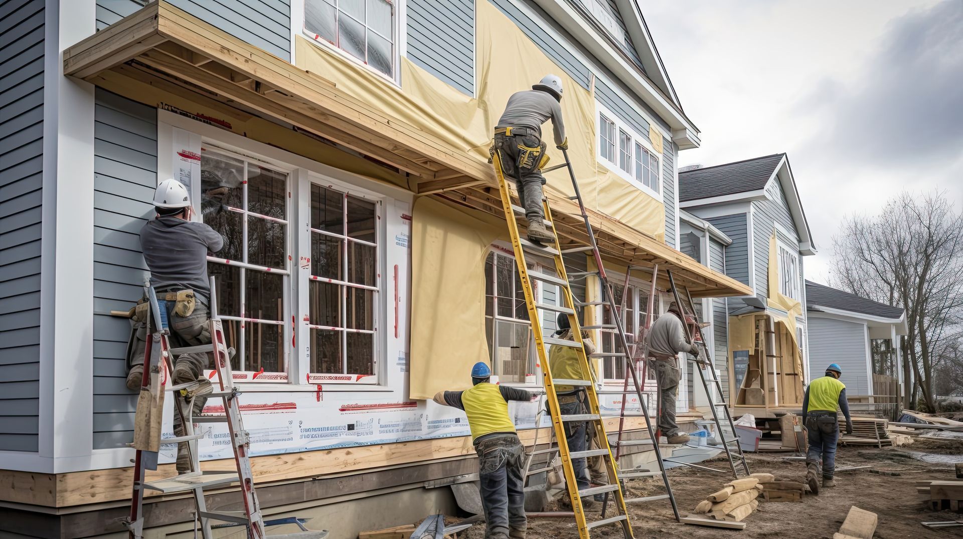 Construction workers on ladders installing siding on a two-story building.