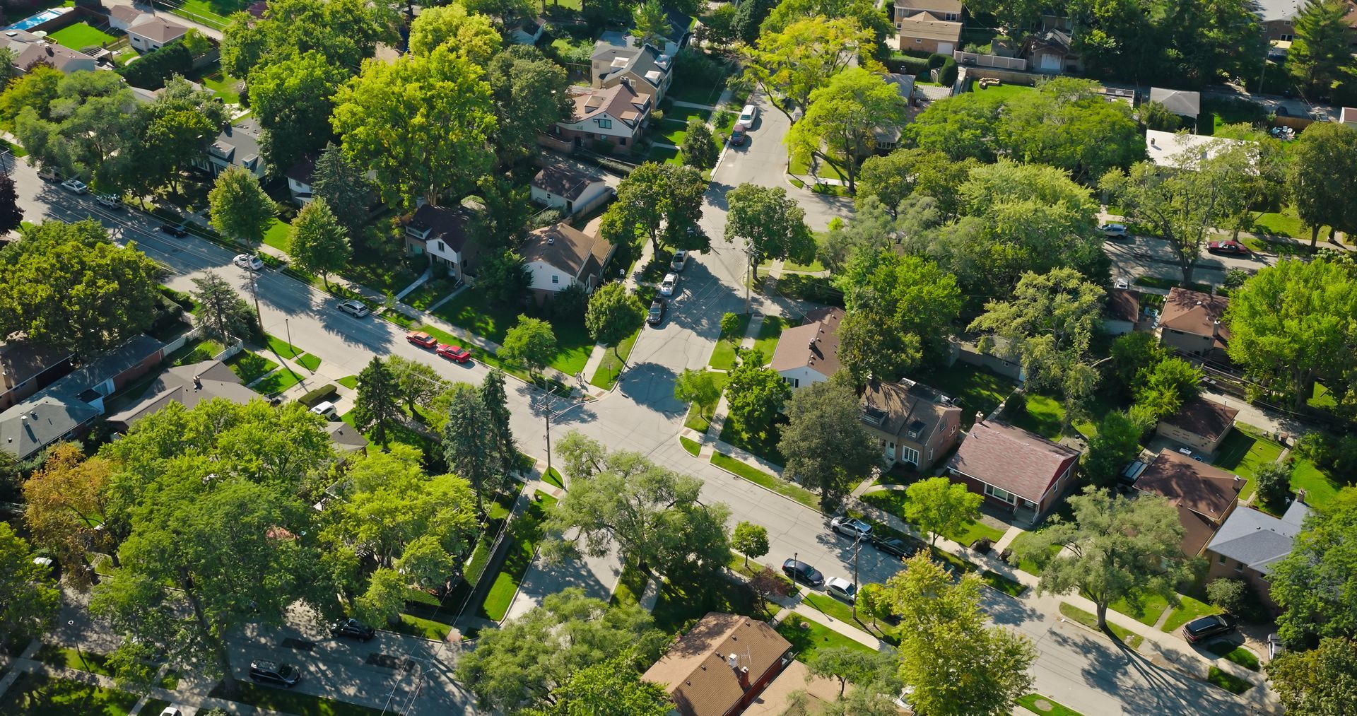 Aerial view of a residential neighborhood with houses, streets, and lush green trees. Sunny day.