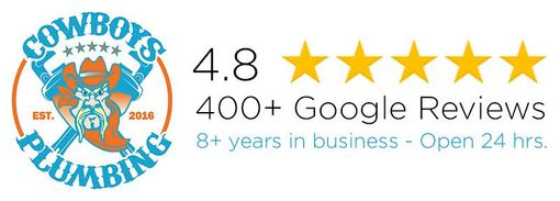 Cowboys Plumbing logo with 4.8-star rating and 400+ Google Reviews. Open 24 hrs.
