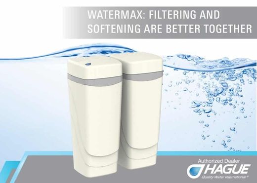 Two water filtration systems with the Hague logo. Water background with text: Filtering and softening are better together.