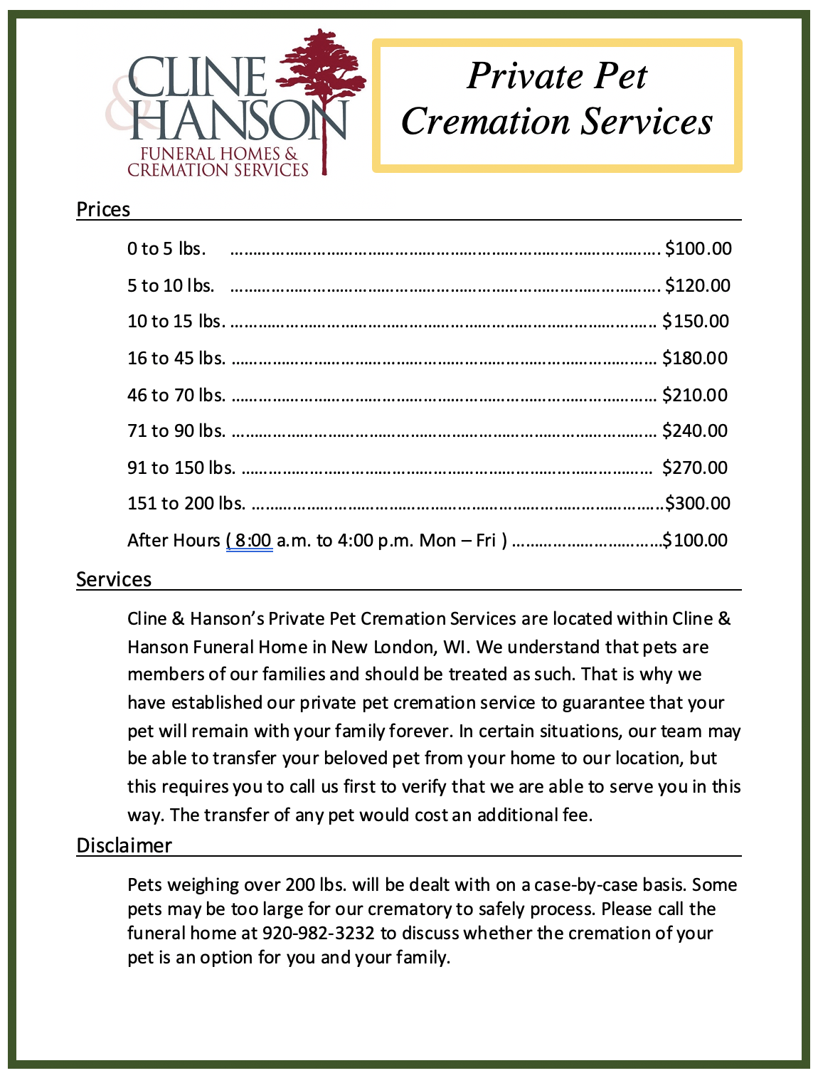 Price list for Cline & Hanson Private Pet Cremation Services in New London, WI, organized by pet weight.