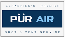 A blue and white logo for pur air duct and vent service