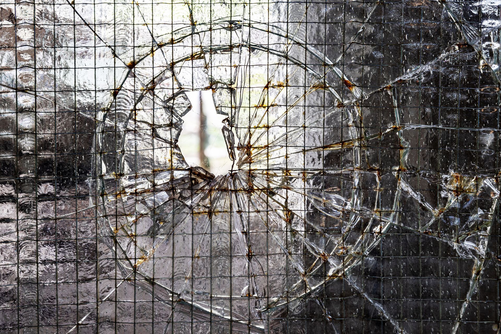 Broken glass window with metal grid, damage in a circular pattern. -  Attorney at Law in Leawood, KS
