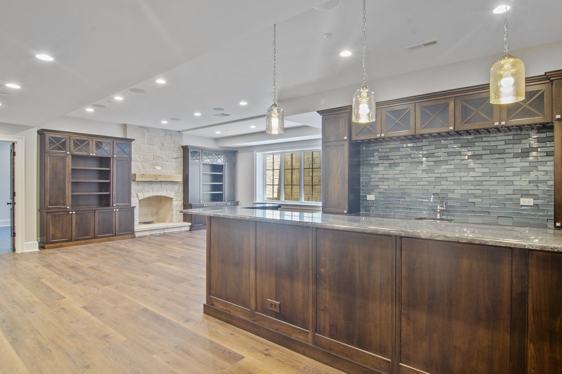 There is a large island in the middle of the room.