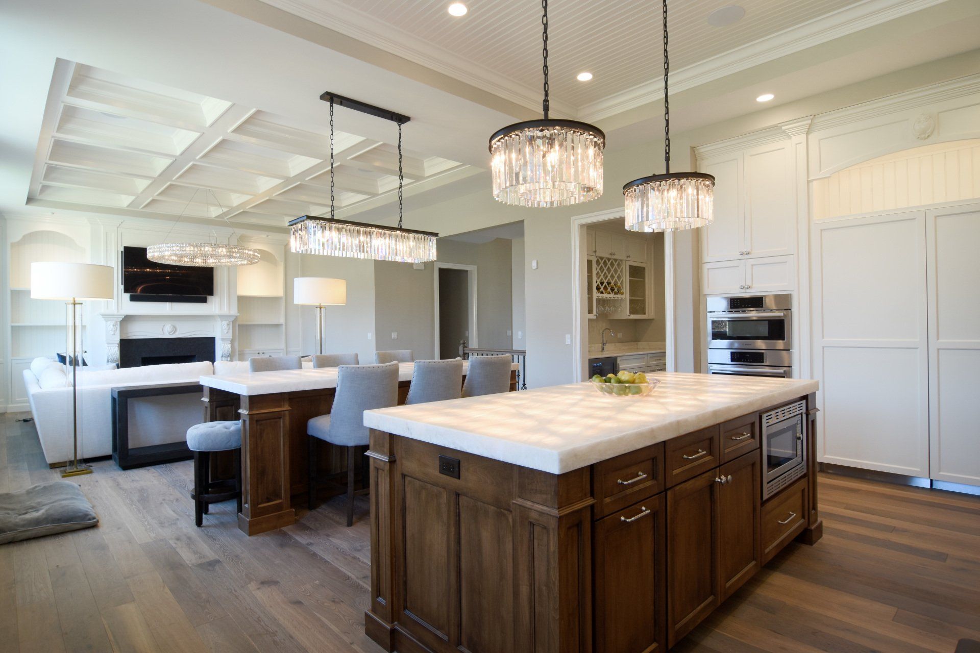 There is a large island in the middle of the kitchen.