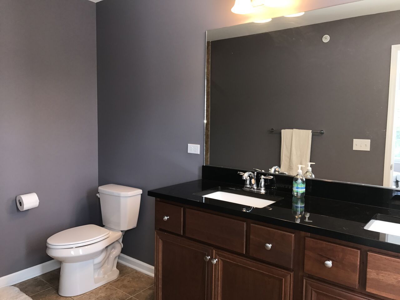 A bathroom with a toilet , sink and mirror.