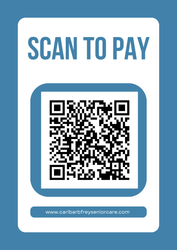 A blue sign that says `` scan here order and pay here '' with a qr code on it.