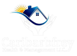 A logo for caribbey health & management shows a house and sun
