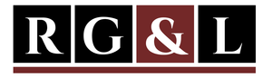 The logo for rg & l is black and red with white letters.
