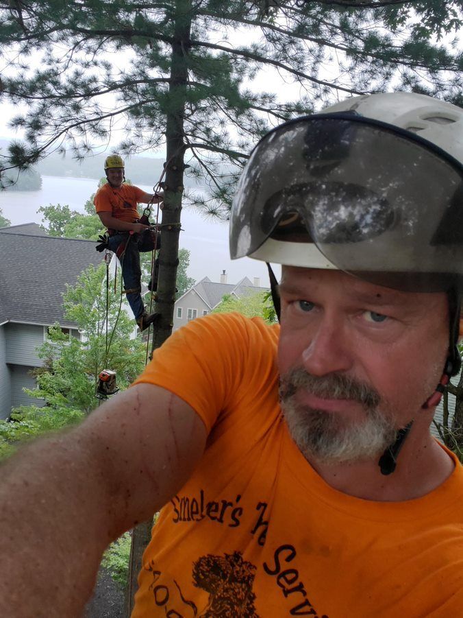 A man wearing a helmet is standing next to a tree — Cross Junction, VA — Smelser's Tree Service LLC