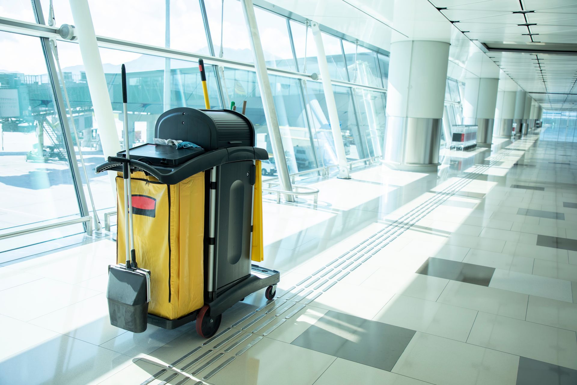 Yellow cleaning cart in a bright airport hallway with large windows and white pillars.
