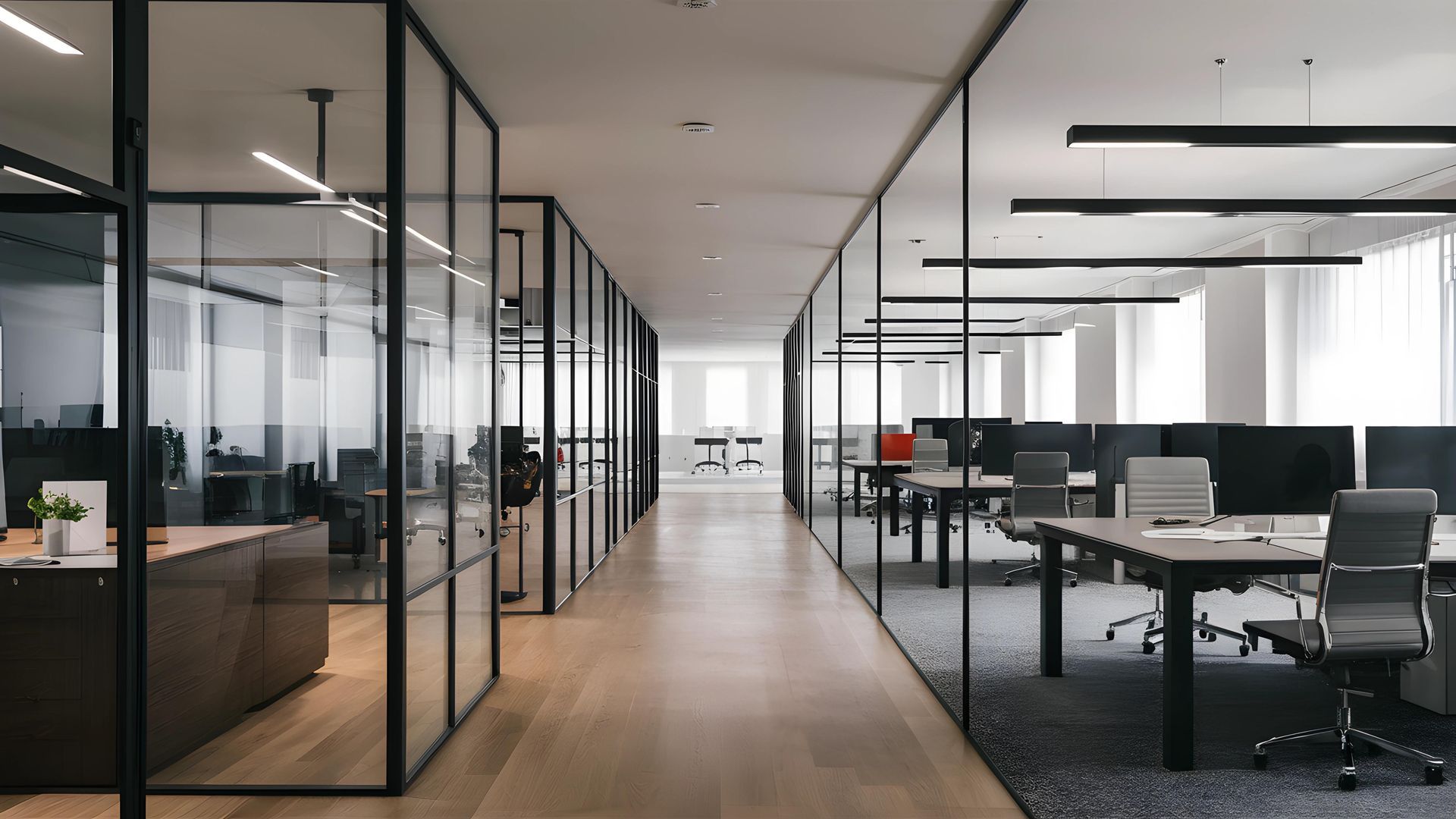 Modern office interior with glass-walled rooms and workstations along a hallway, bathed in natural light.