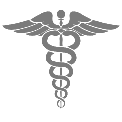 Gray caduceus symbol, two snakes entwined around a staff with wings.