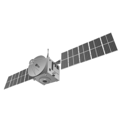 A spacecraft with solar panels extended, a dish antenna, and various instruments, against a white background.