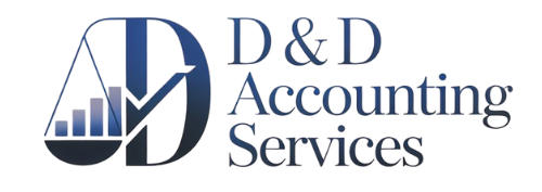 Logo for D&D Accounting Services. Features two large blue letter D’s, and graphic of a scale with rising bar graph.