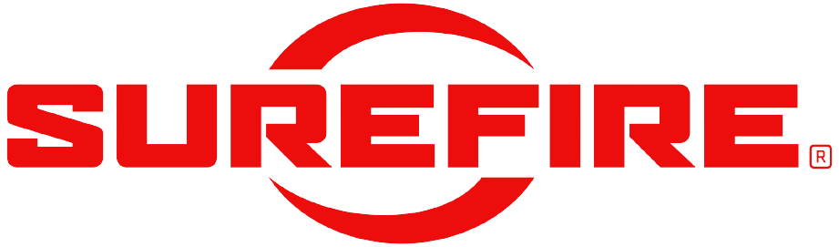 A red and white logo for surefire on a white background.