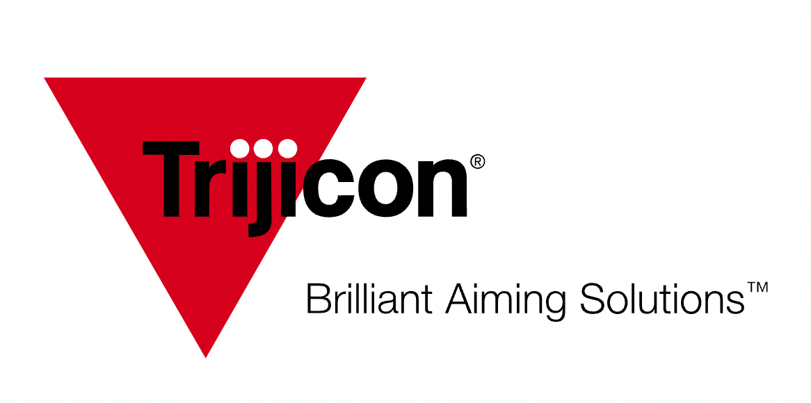 The trijicon logo is red and black and says brilliant aiming solutions