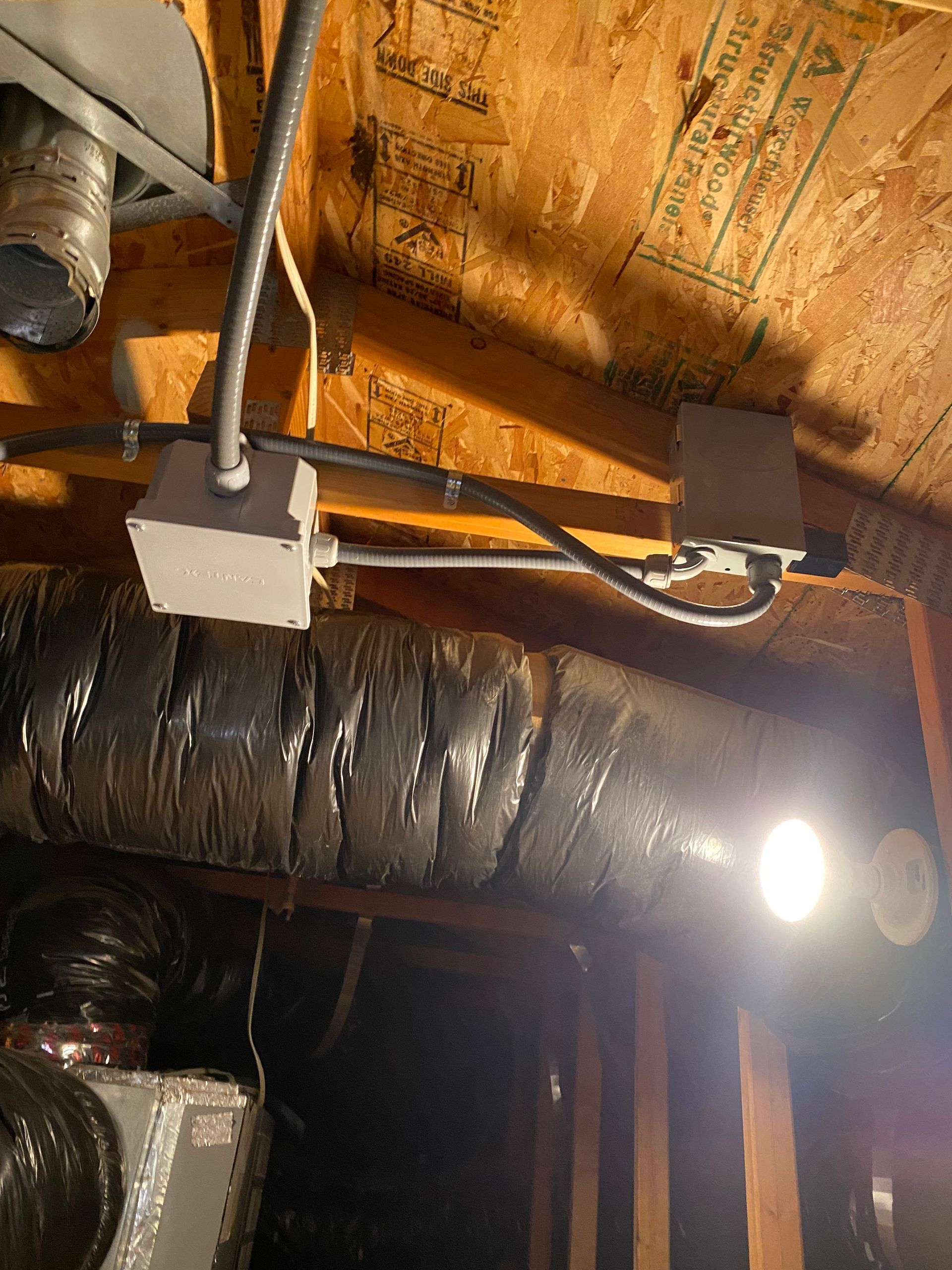 There is a light on the ceiling of the attic.