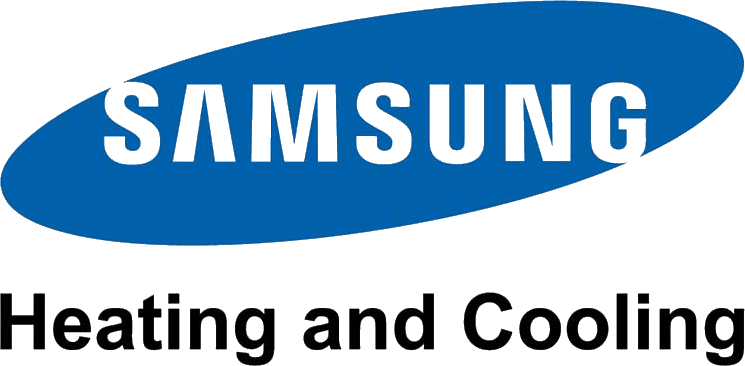 A blue and white logo for samsung heating and cooling