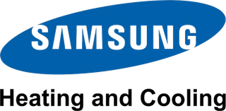 A blue and white logo for samsung heating and cooling