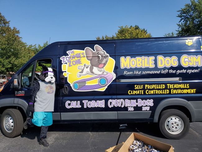Furry stands by a dark blue van with a 