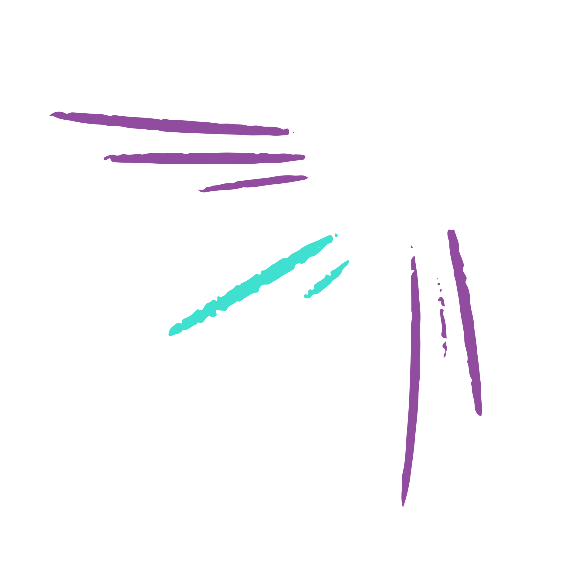 Purple and turquoise brushstrokes radiate outward from a central point.