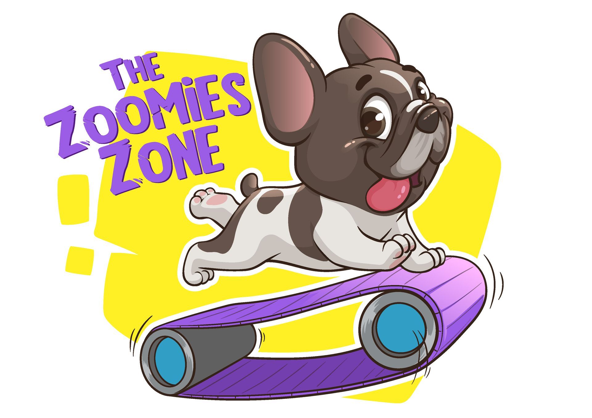 French bulldog running happily on a purple treadmill; 