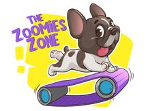 French bulldog running happily on a purple treadmill; 