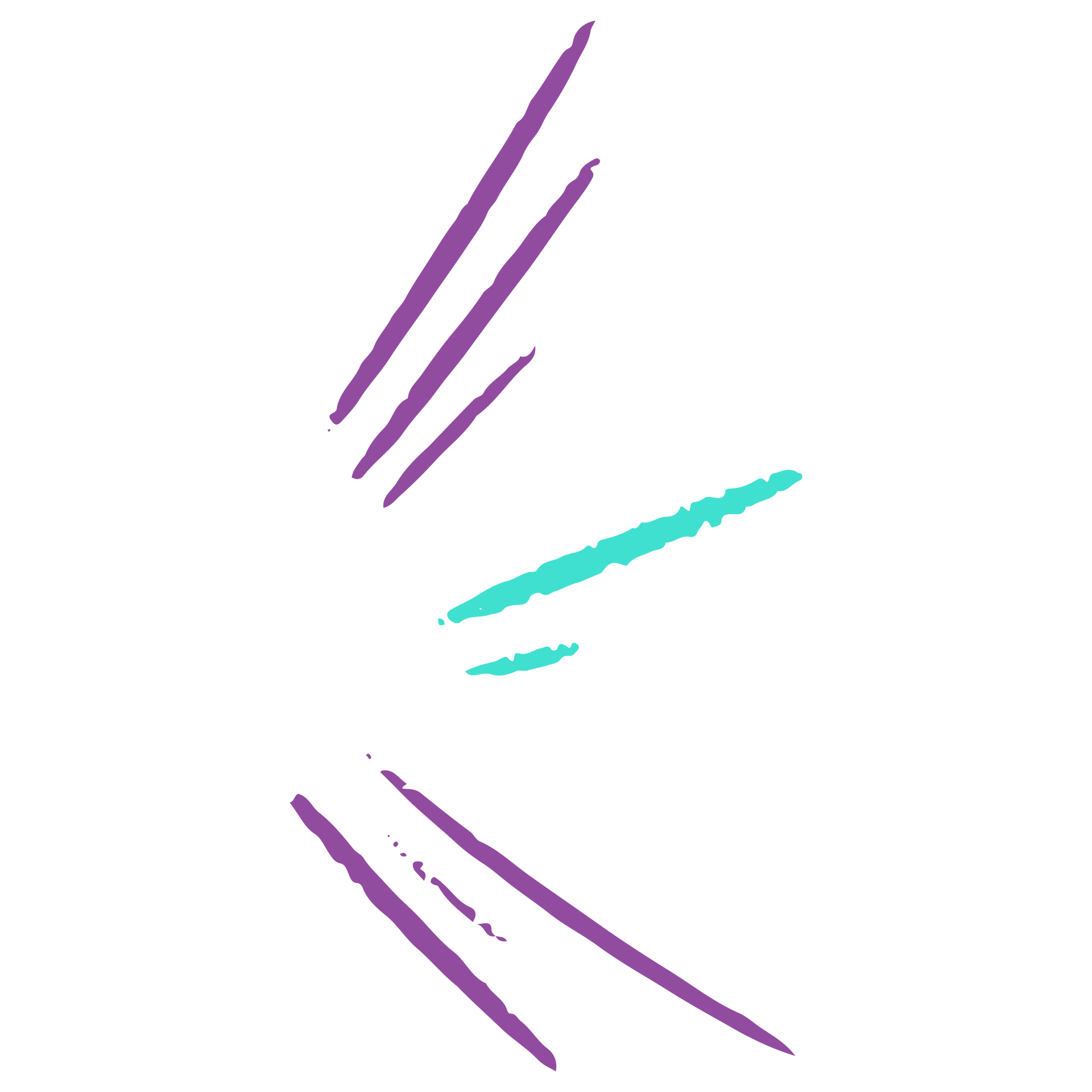 Abstract illustration: Purple and teal brushstrokes radiating from a central point on a white background.