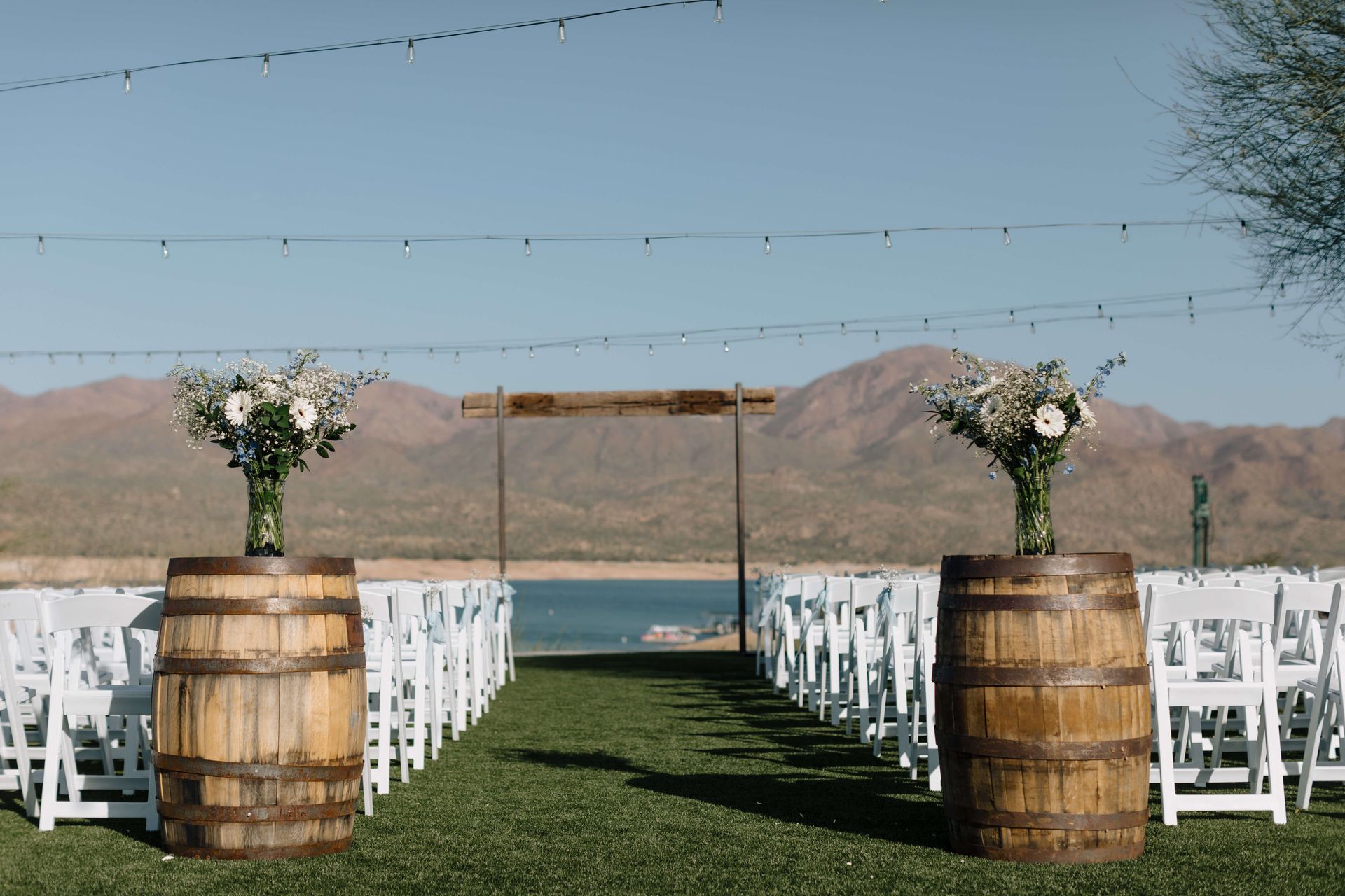 Wedding ceremony set up at Venue at the Cove's lakeside wedding venue