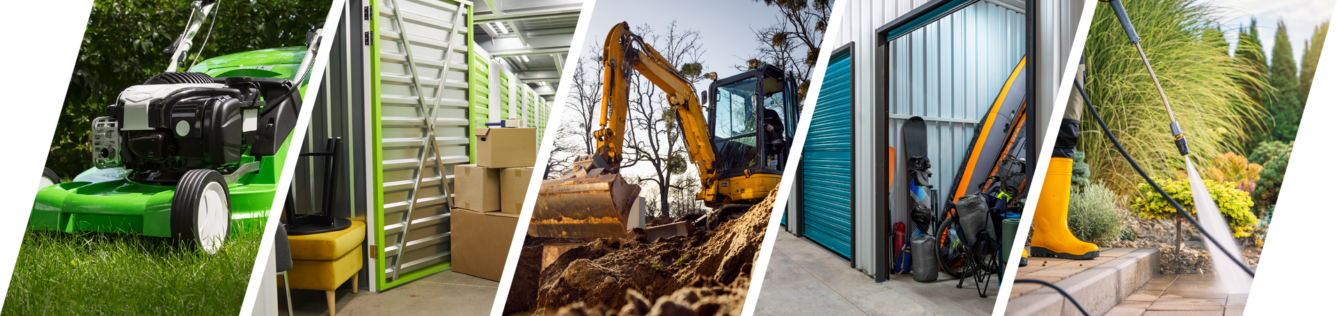 A collage of pictures of a lawn mower , a forklift , a building , and a construction site.