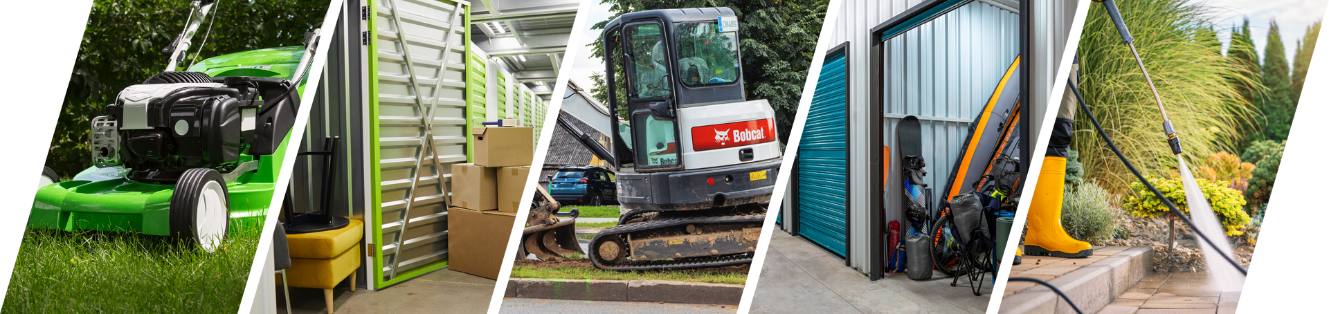 A collage of pictures of a lawn mower , a forklift , a building , and a construction site.