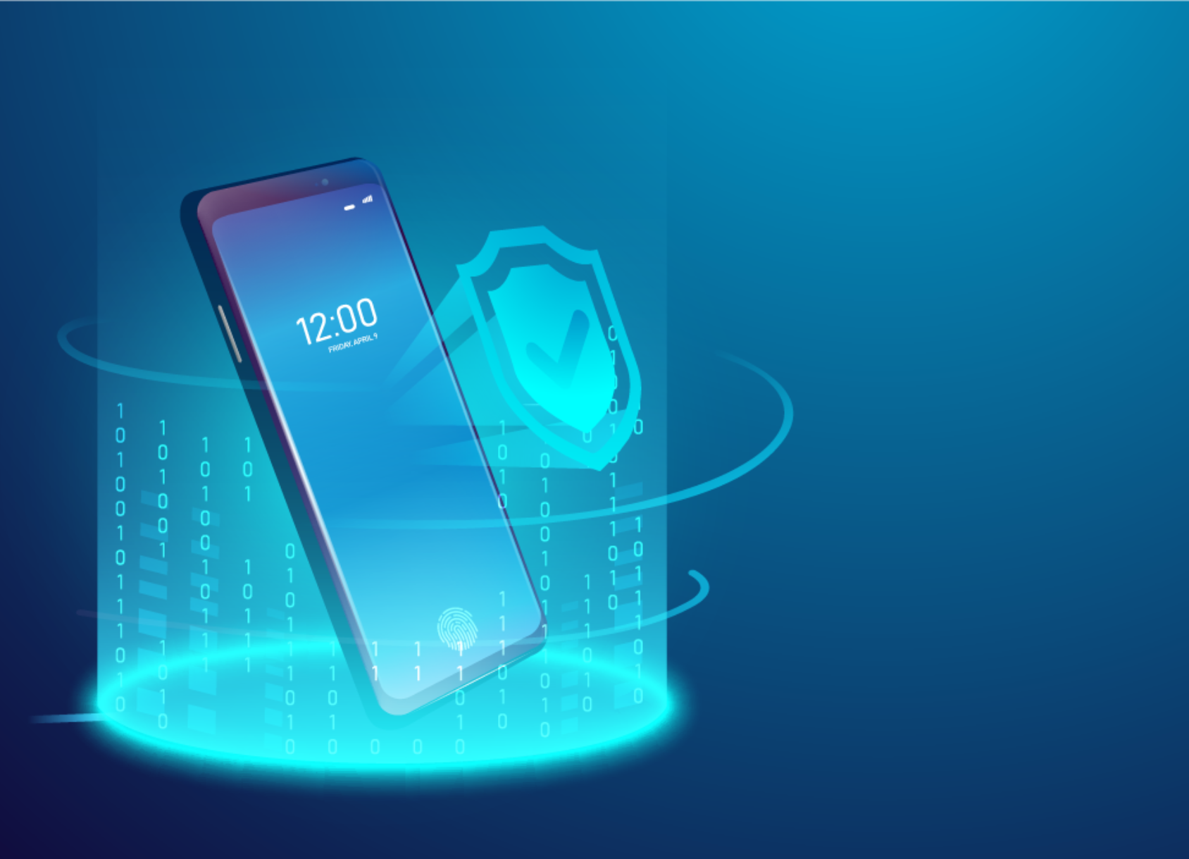 a smart phone is surrounded by a shield on a blue background .