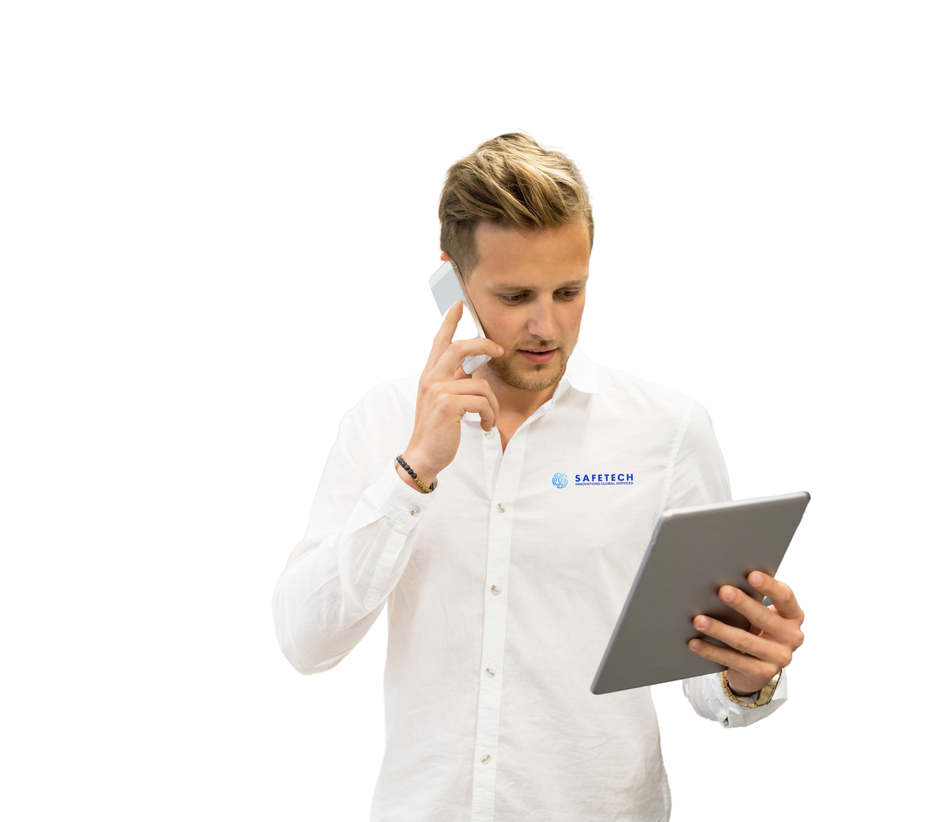 a man in a white shirt is talking on a cell phone while holding a tablet .