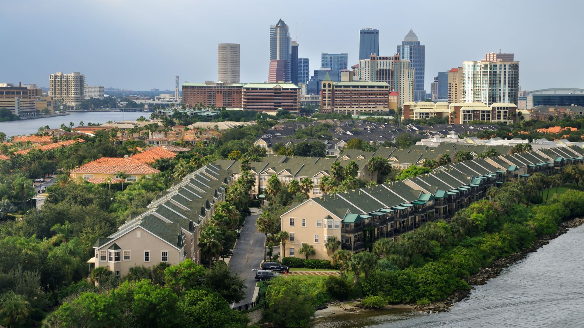 An aerial view of a residential area with a city skyline in the background