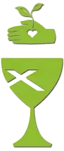 Green hand with heart-shaped hole nurturing a plant. Below it, a goblet with a cross cut out.