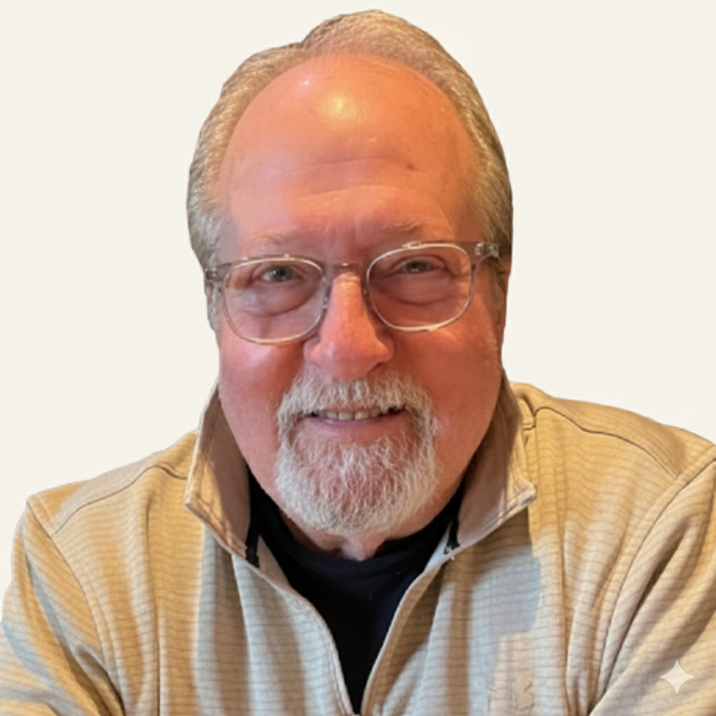 Smiling older man with glasses, short white beard, and a light-colored collared shirt.