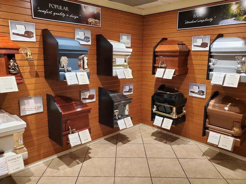 Casket room at at Douglass & Dunaway Mortuary in Hawthorne, CA