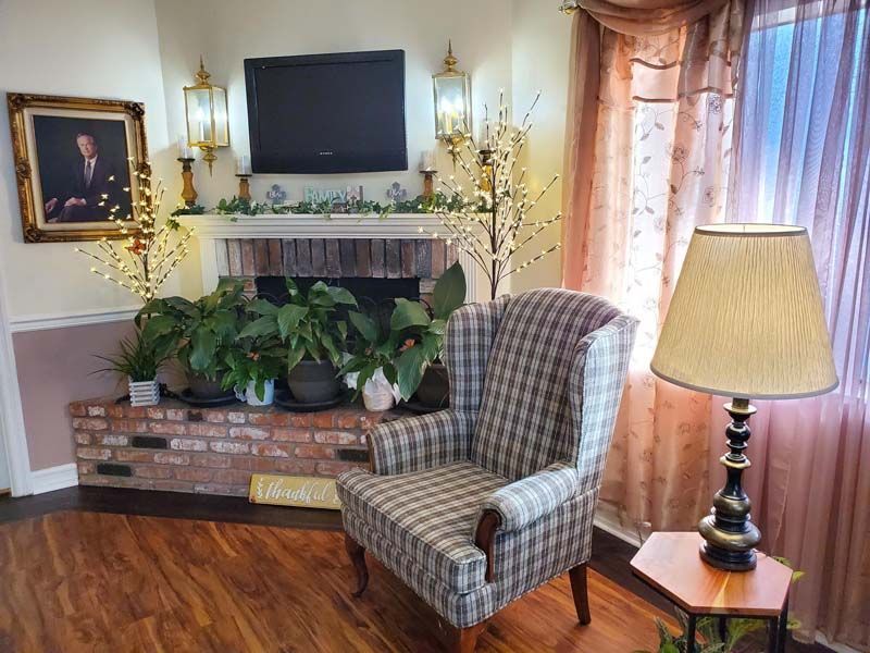Fireplace and chair at at Douglass & Dunaway Mortuary in Hawthorne, CA