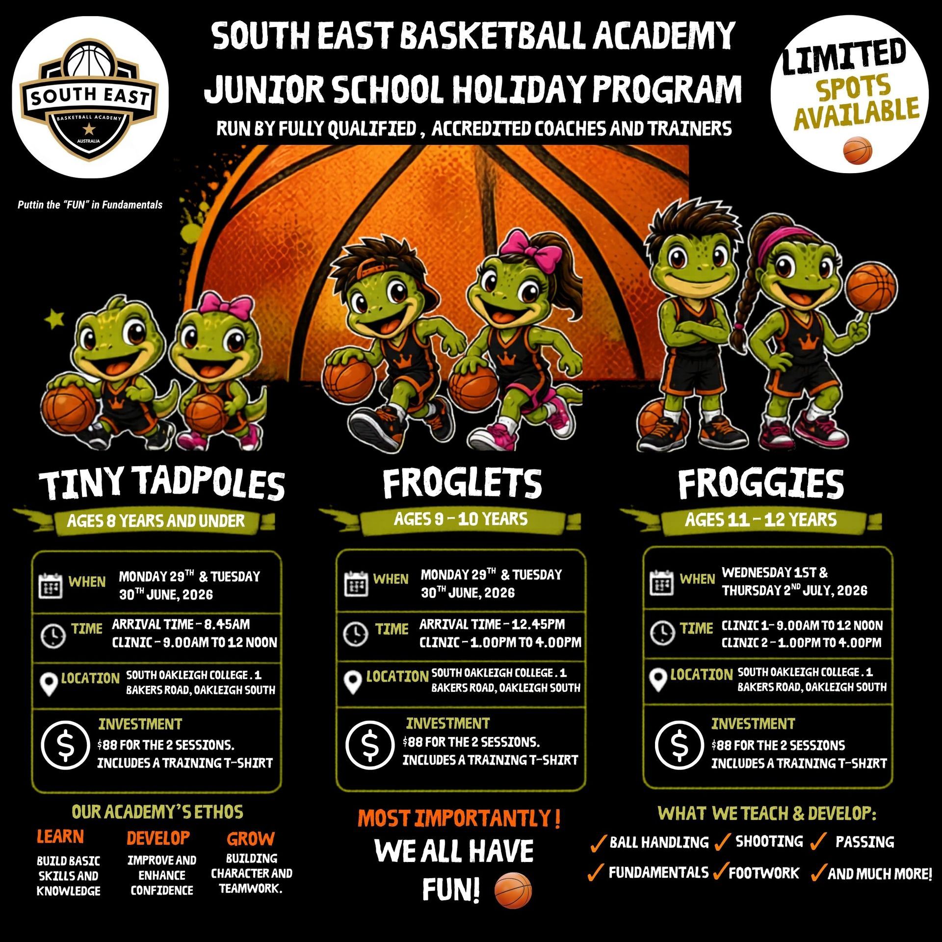 South East Basketball Academy holiday program poster with cartoon frogs and orange basketball theme