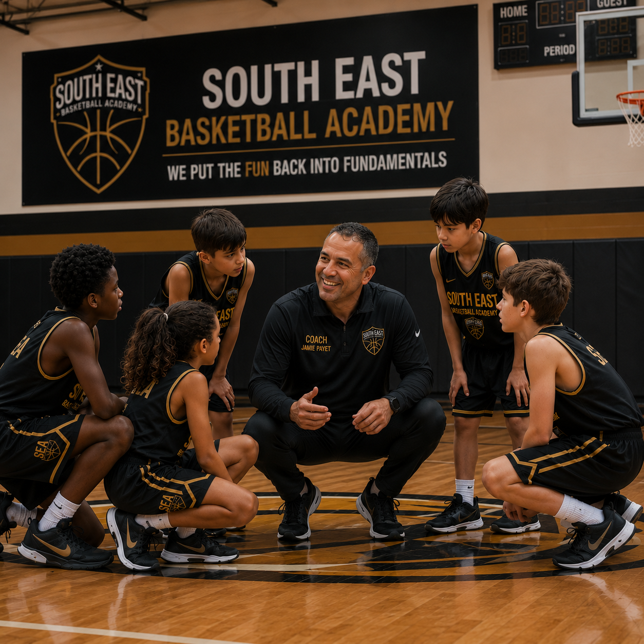 Youth basketball coach huddles with players on a gym floor at South East Basketball Academy