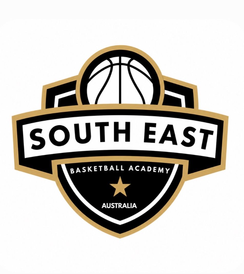 South East Basketball Academy logo with a basketball crest in black, gold, and white, Australia text below
