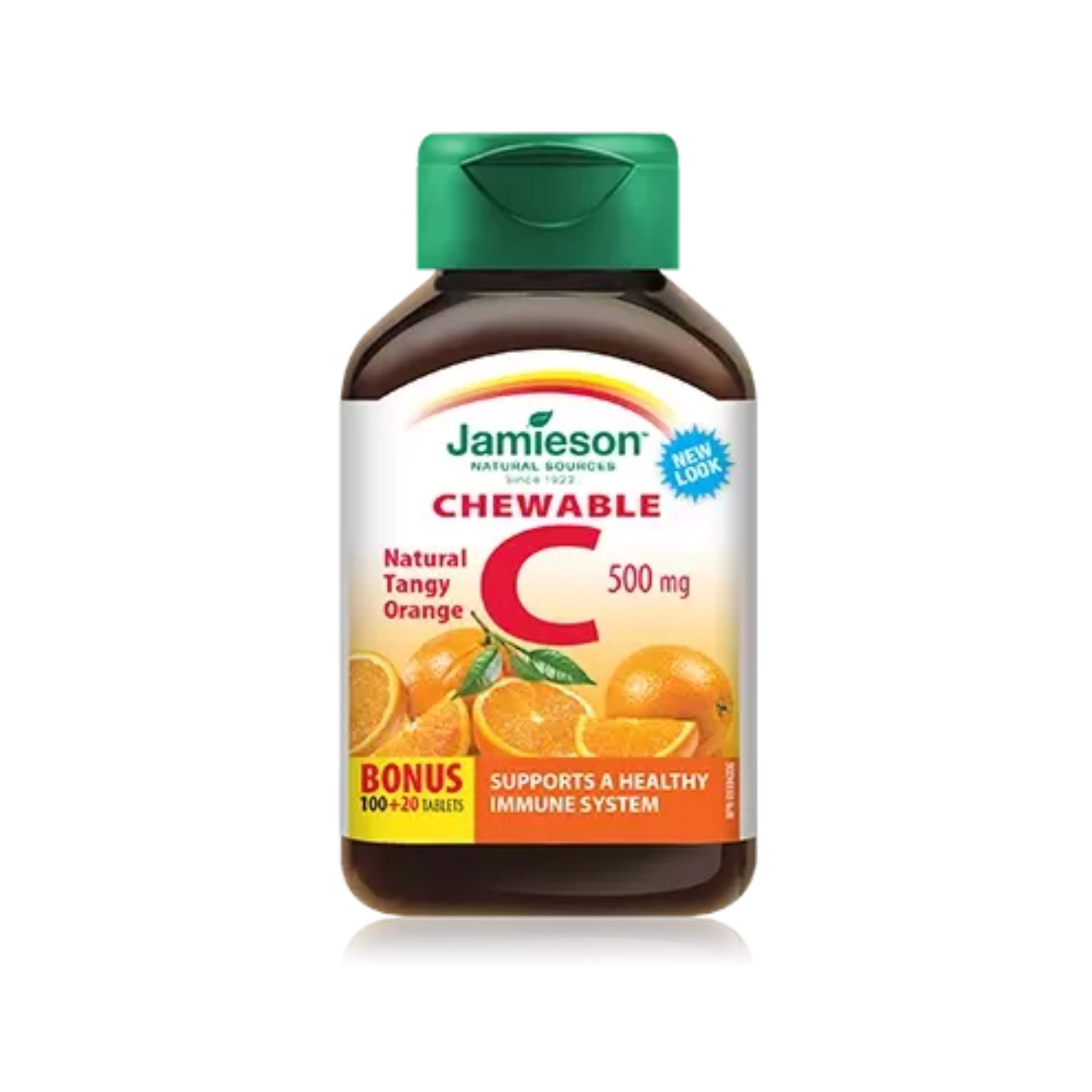 A bottle of jamieson natural tangy orange chewable vitamin c.