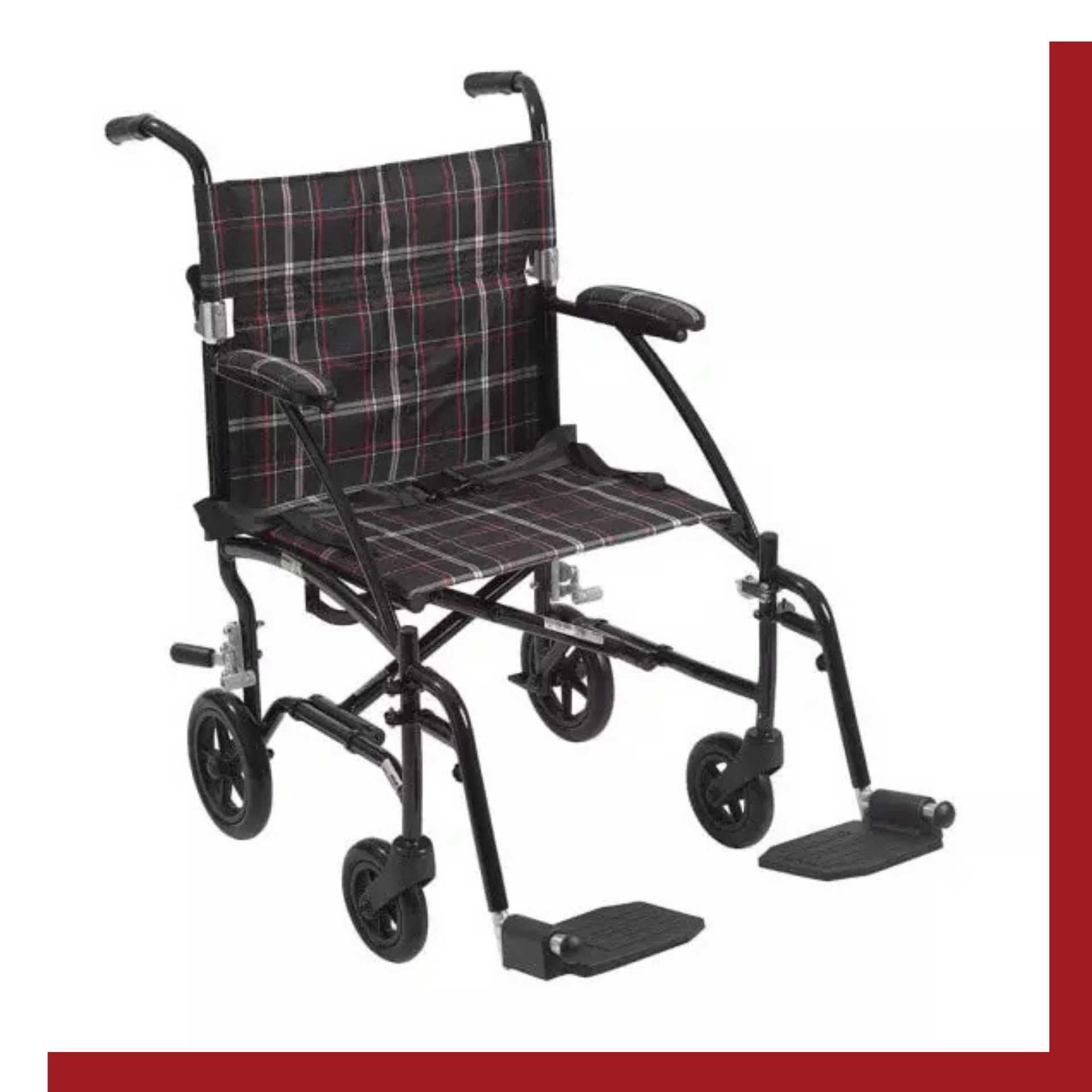 A black and red wheelchair with wheels on a white background.