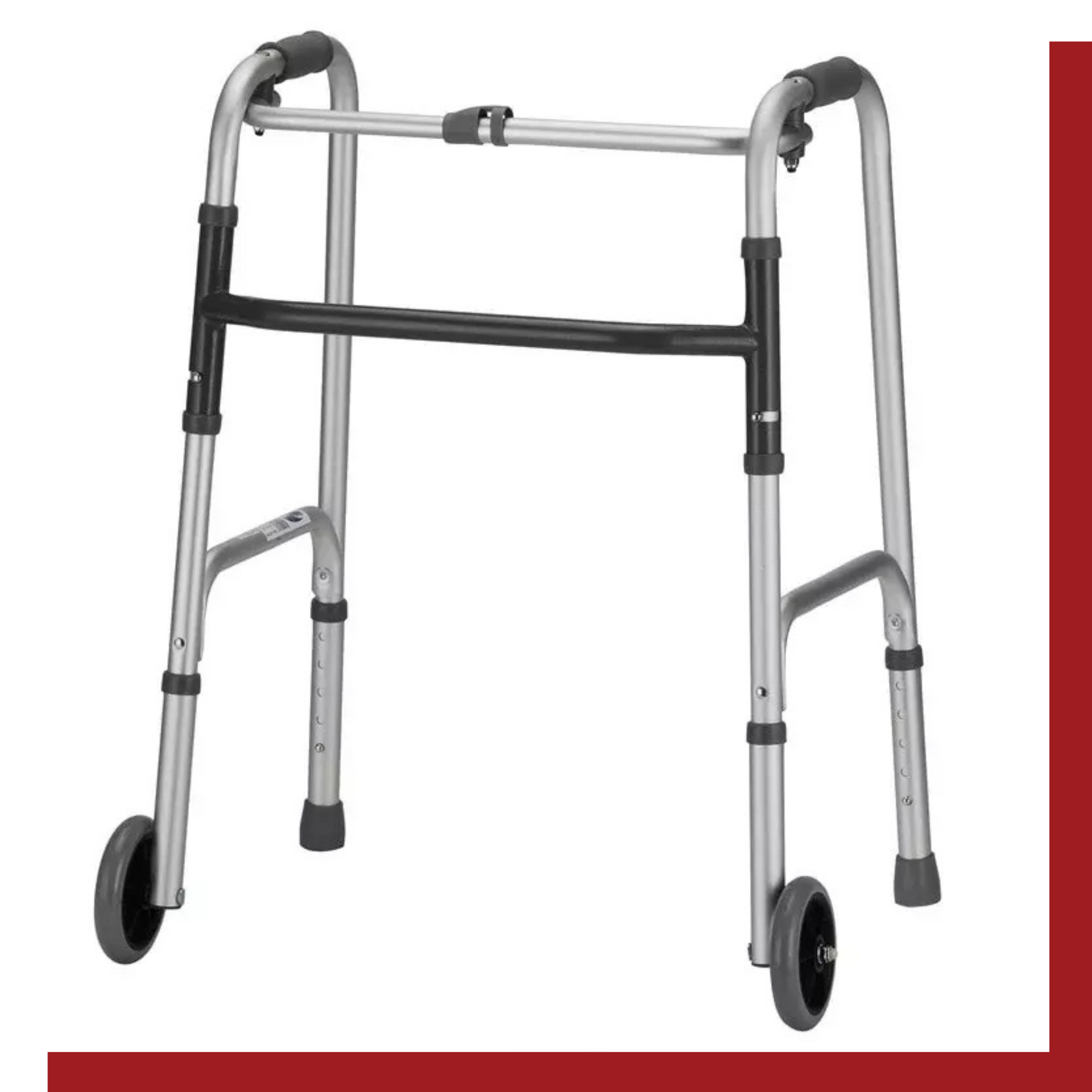 A walker with wheels is shown on a white background.